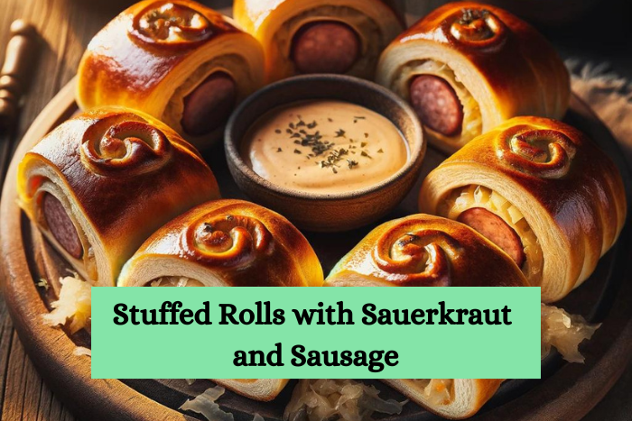 A photograph of golden-brown stuffed rolls with sauerkraut and sausage on a rustic wooden serving platter.