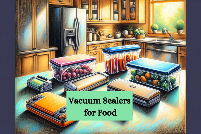 A kitchen scene with five different vacuum sealers