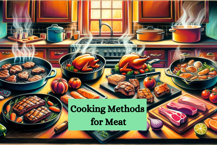 Illustration of different cooking methods for meat