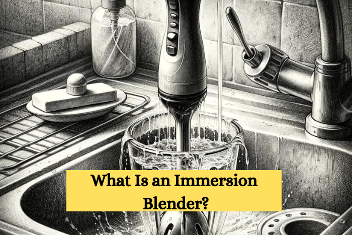 A pencil sketch of an immersion blender being cleaned under running water in a sink