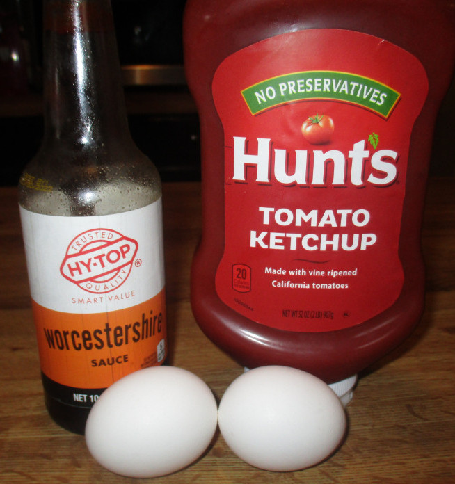Worcestershire sauce, ketchup and eggs