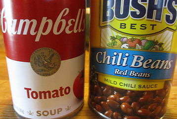 Tins of tomato soup and chili beans