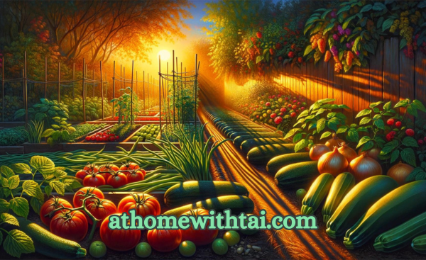 A vibrant illustration capturing an enchanting backyard vegetable garden during golden hour.