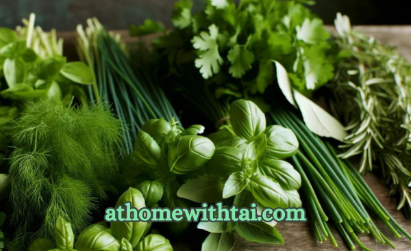 A photographic style of fresh herb bunches
