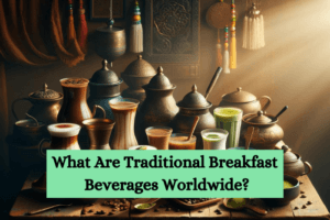 A photograph of a collection of traditional breakfast beverages from various cultures