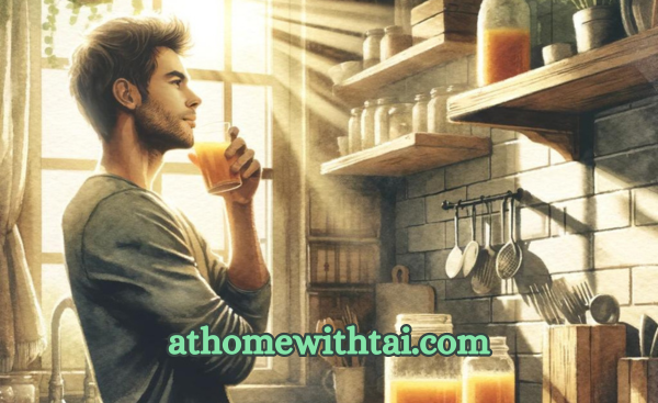 A watercolor painting of a young man enjoying a homemade orange juice