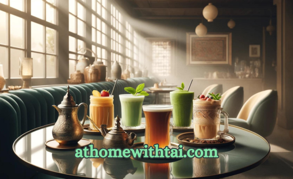 A photograph of traditional breakfast beverages such as Moroccan mint tea and North American coffee and smoothies