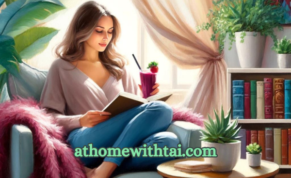 An acrylic painting of a woman enjoying a berry smoothie while reading a book in a cozy corner of her living room