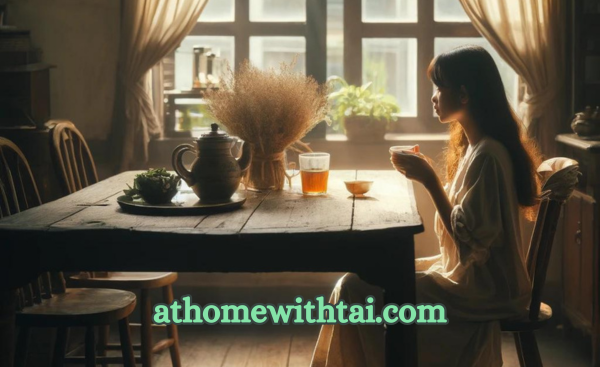 A photographic style of a person enjoying herbal tea at a rustic dining table