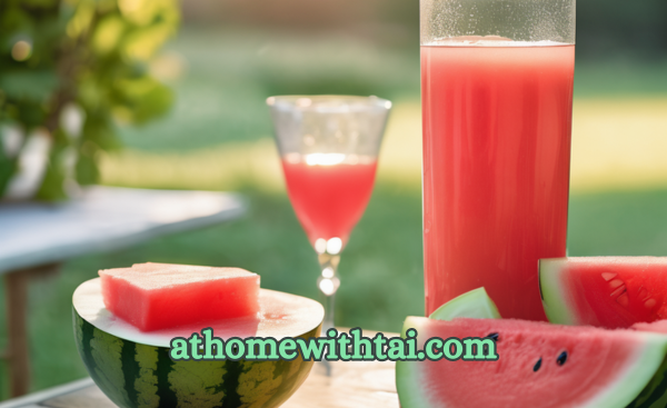 A photographic portrayal of a clear glass filled with cool, refreshing watermelon