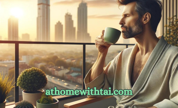 A photographic style image of a middle-aged man enjoying a cup of green tea
