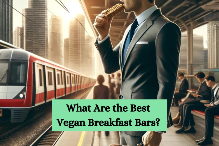 A person savoring a vegan breakfast bar while waiting for a train