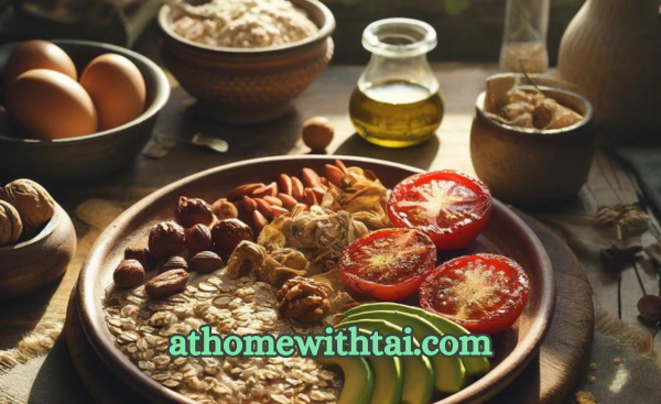 A breakfast spread featuring oats
