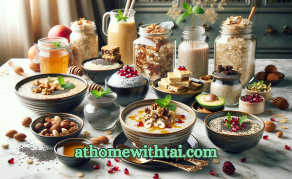 An elegant breakfast spread on a marble countertop