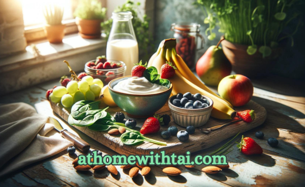 A photograph of smoothie ingredients artistically displayed on a rustic wooden board in a sunlit kitchen