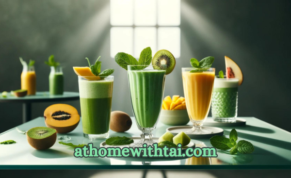 A photographic style of a variety of breakfast drinks including green detox shakes and tropical smoothies