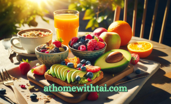 A photographic style of a vibrant heart-healthy breakfast spread on a sunny patio setting