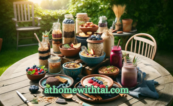 A vibrant and wholesome breakfast scene on an outdoor patio table