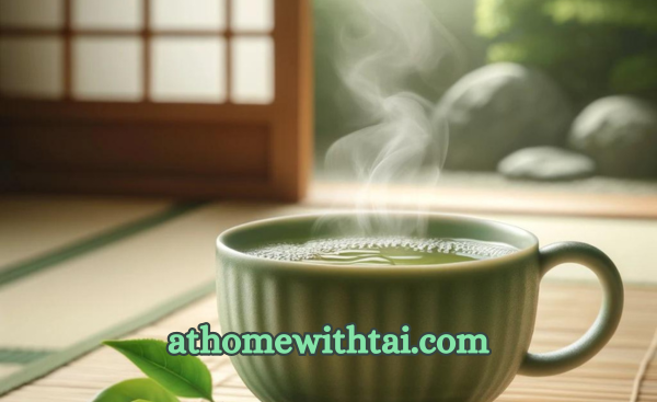 A photographic depiction of a cup of green tea