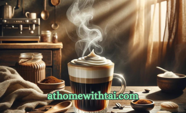 A photographic style of a steaming mug of Irish coffee
