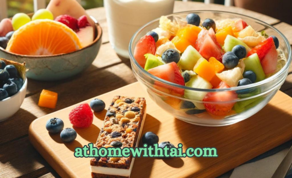 A vegan breakfast bar next to a fresh fruit salad and yogurt