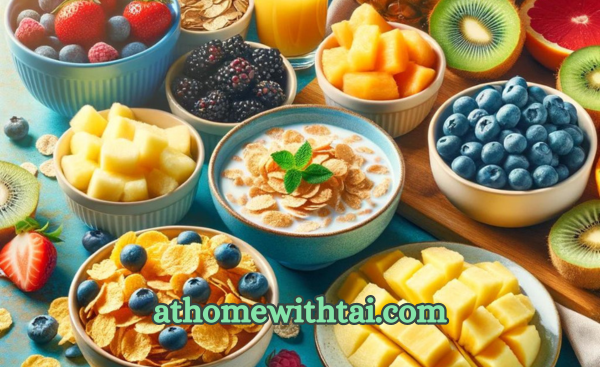 A breakfast table with a variety of cereals and fruits