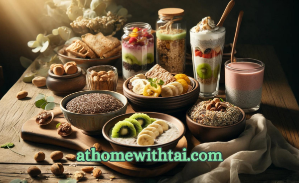 A photographic tableau featuring a selection of gluten-free breakfast items on a wooden table