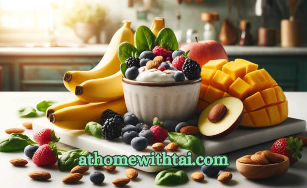 A photographic style of smoothie ingredients on a marble cutting board