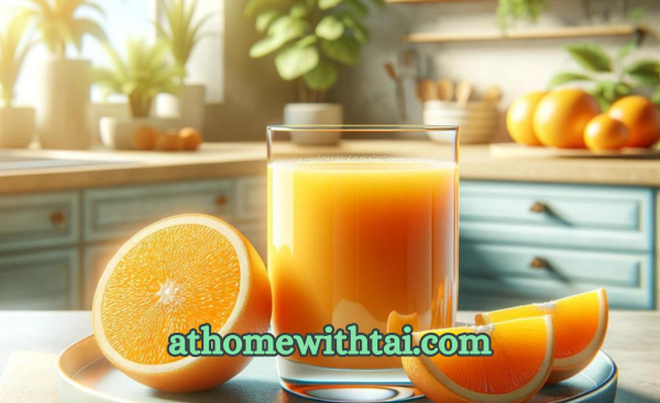 A photographic depiction of a glass of fresh orange juice
