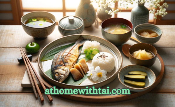 A photographic style of a traditional Japanese Breakfast