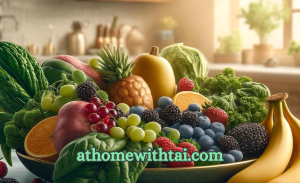 A photographic depiction of a colorful fruit and vegetable display with a focus on bunches of bananas