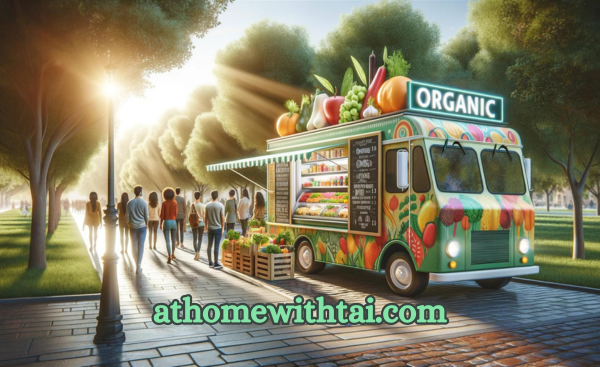 A colorful organic fast food truck in a busy urban park