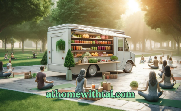 An organic fast food truck in an urban park during a morning yoga session