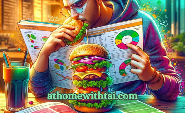 A digital illustration of a person eating a burger at a cafe table