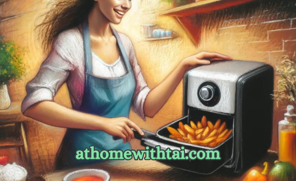 A chalk pastel illustration of a person cooking with an air fryer